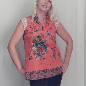 Floral Print Wei Ma top with Mesh Cap Sleeves and Bead Detailing